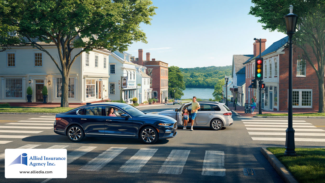New Hampshire drivers commuting through a charming small town main street lined with colonial-style buildings- nh drivers saving on auto insurance concept
