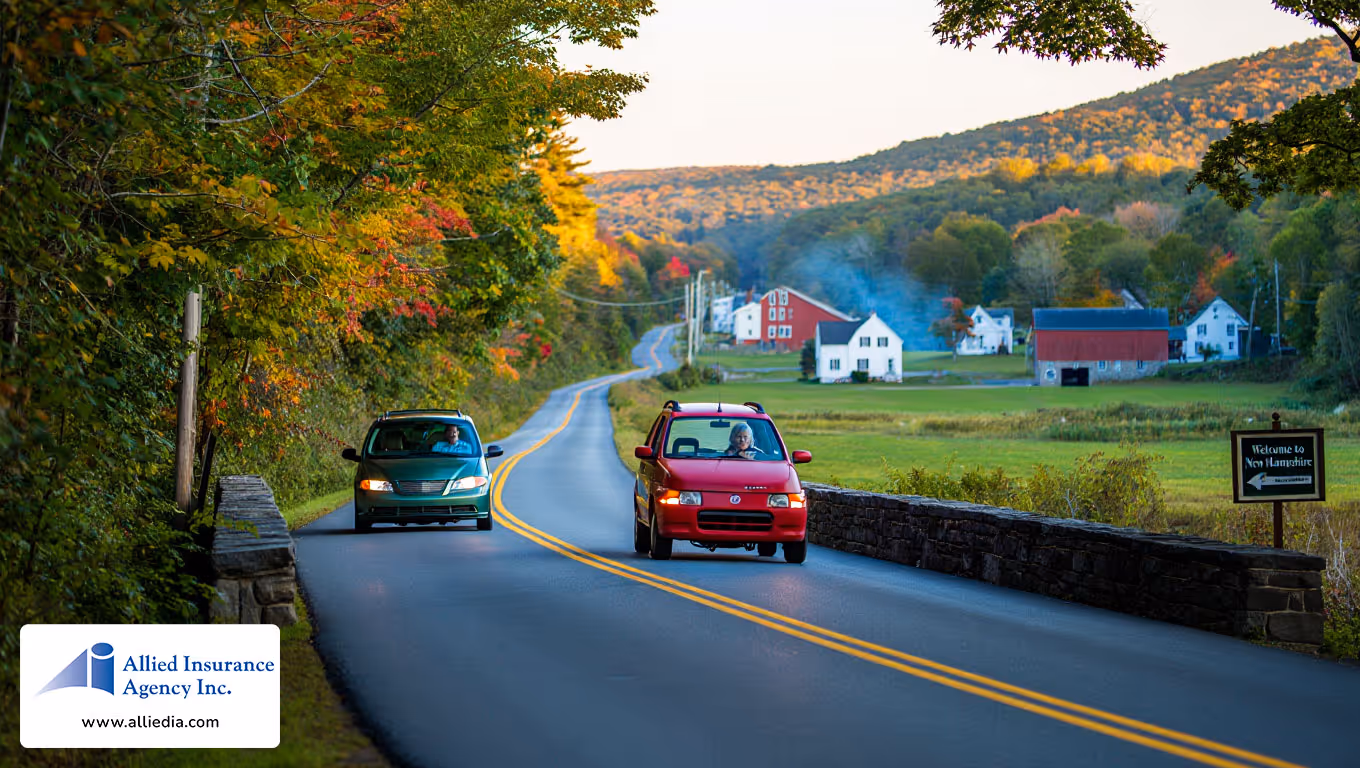 New Hampshire country road scene showing responsible drivers navigating a tree-lined route during golden hour- nh drivers saving on auto insurance concept