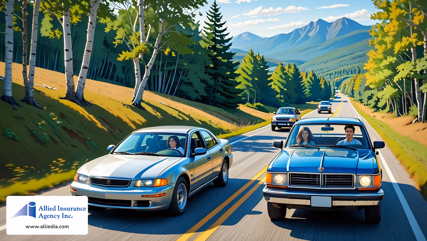 New Hampshire drivers traveling along a scenic mountain road lined with white birch trees and evergreen forests - nh drivers saving on auto insurance concept