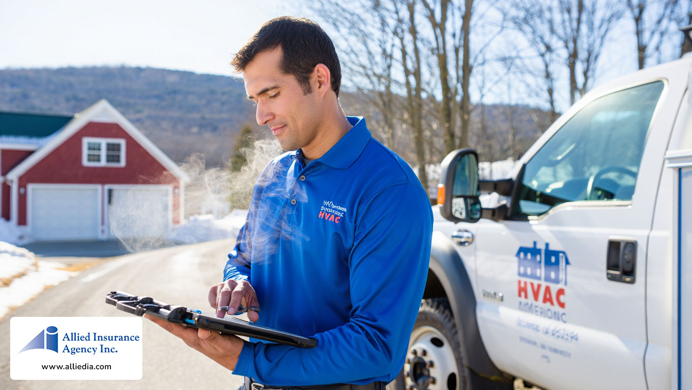 HVAC contractor in a blue polo shirt stands beside his service truck - best nh hvac contractors insurance concept