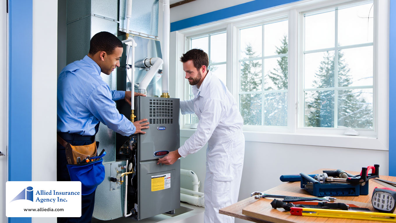 two HVAC contractors installs a new heating system in a New Hampshire home's utility room- best nh hvac contractors insurance concept