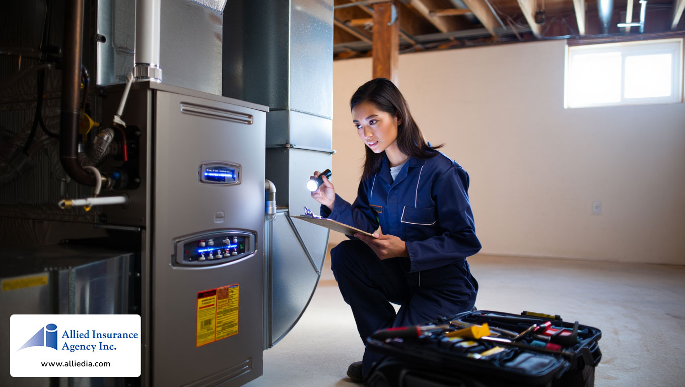 female HVAC technician in navy blue coveralls inspects a modern furnace system - best nh hvac contractors insurance concept