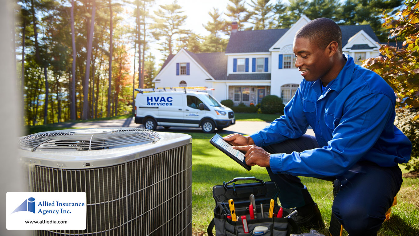 HVAC contractor in a clean blue uniform kneels beside an outdoor air conditioning unit at a New Hampshire home-  best nh hvac contractors insurance concept