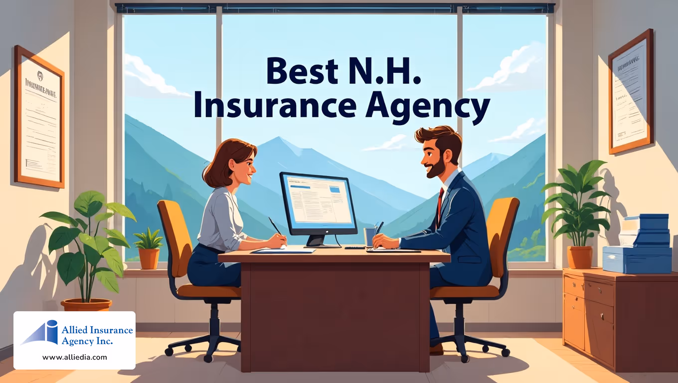 illustration showing a friendly insurance agent in a navy blue business suit seated at a polished wooden desk - best concord nh insurance agency concept