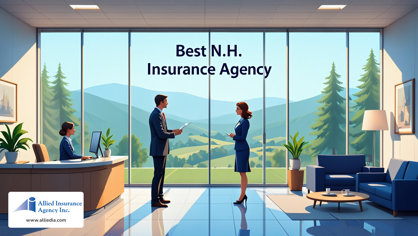 illustration of a modern insurance office in New Hampshire, featuring a glass-walled reception area with two professionals - best concord nh insurance agency concept