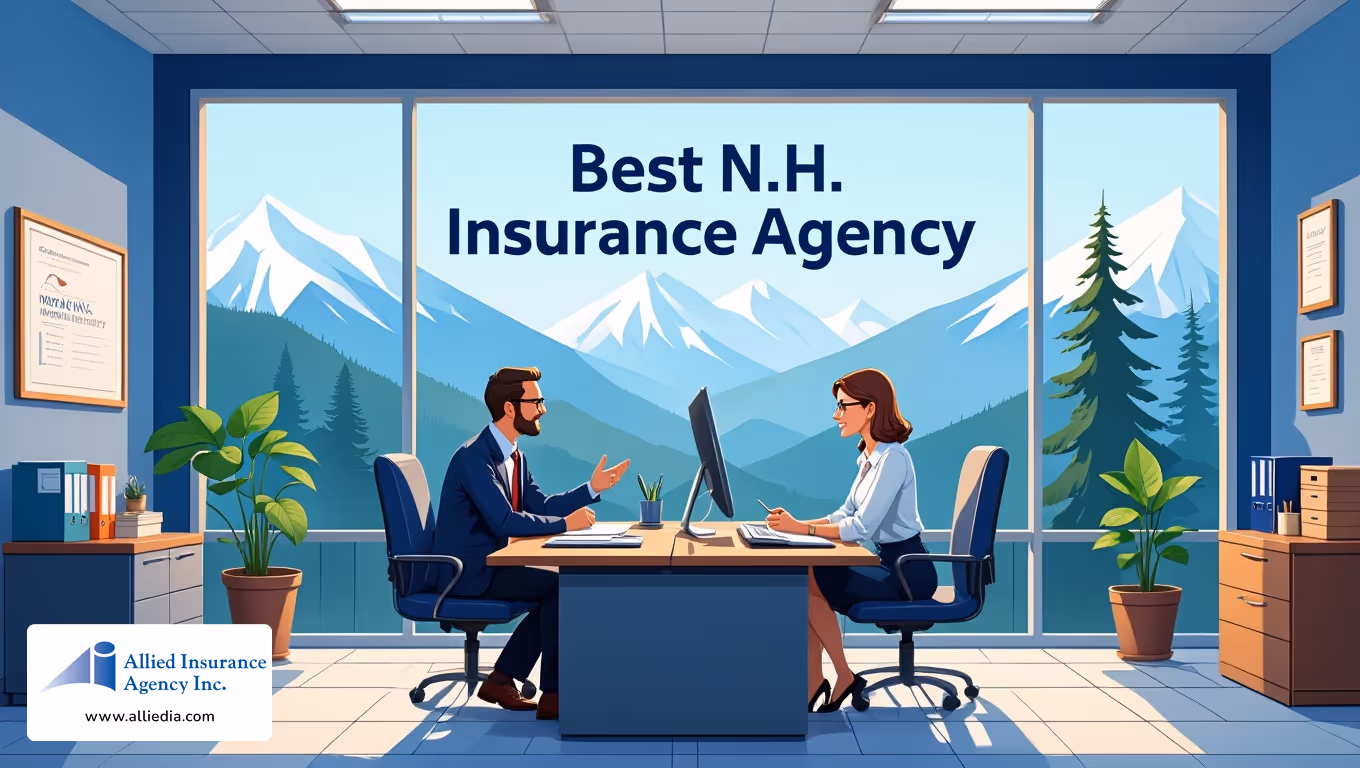 illustration of a welcoming insurance agency office in New Hampshire shows two insurance agents- best concord nh insurance agency concept