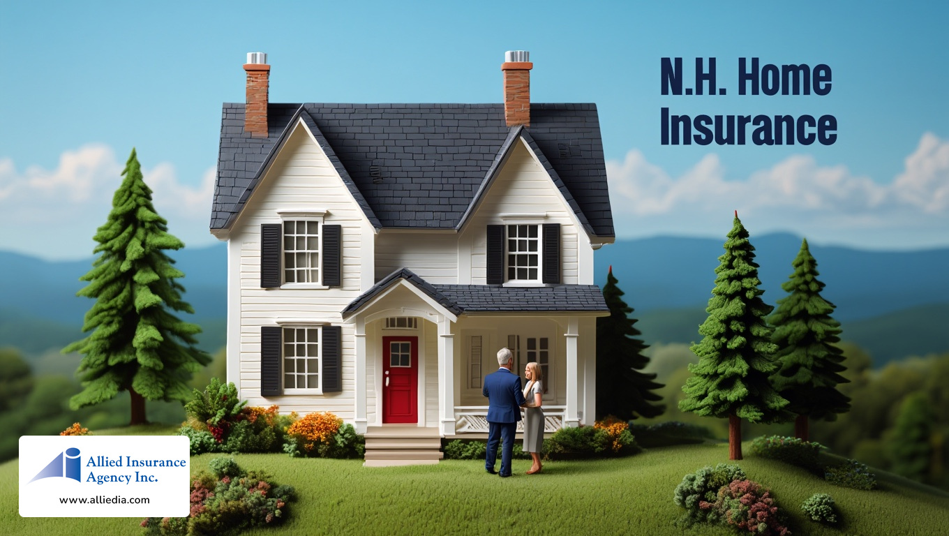 professional illustration showcases a modern New Hampshire residence nestled in a natural setting with pine trees and rolling hills - best concord nh home insurance concept
