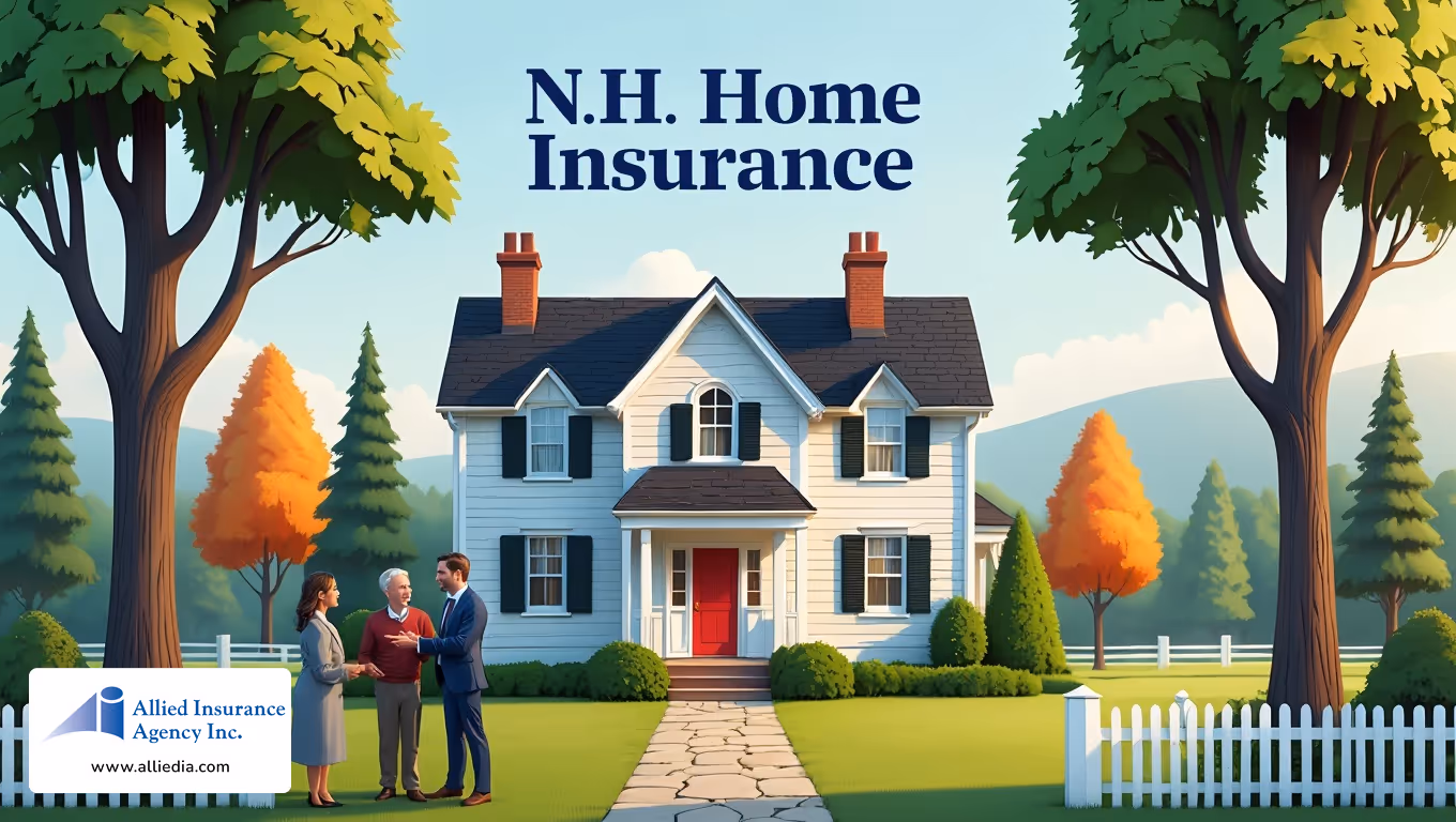 digital illustration showcases the text "N.H. Home Insurance" prominently displayed in dark blue serif font- best concord nh home insurance concept