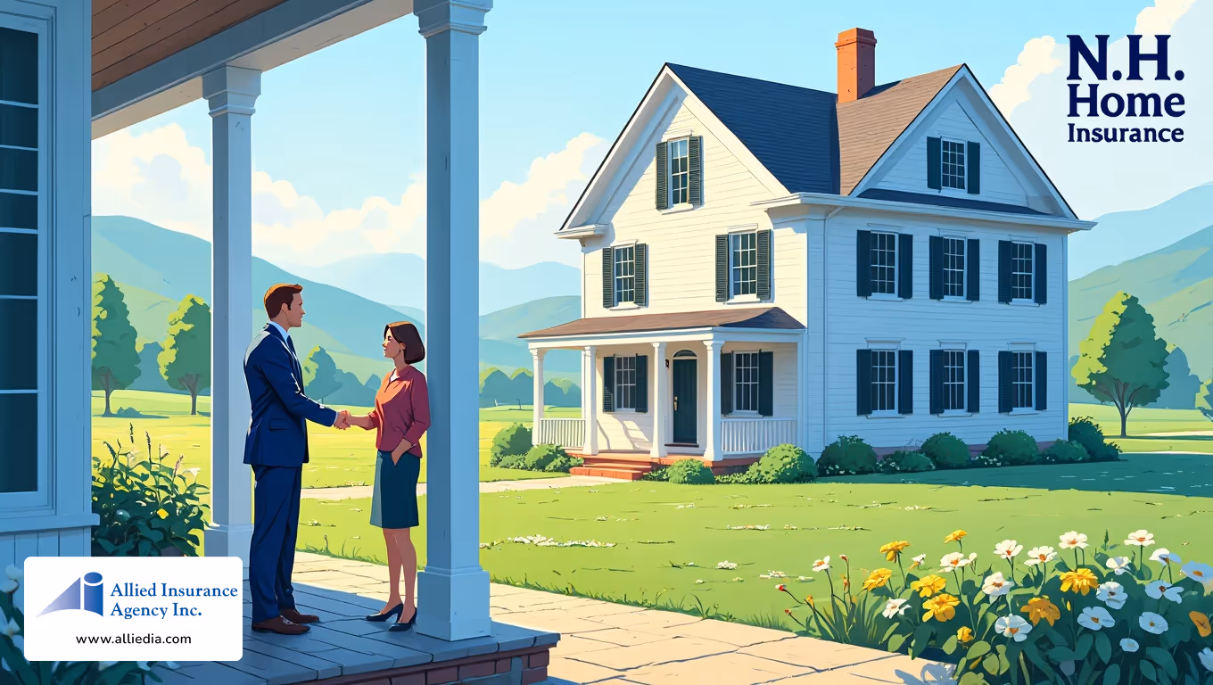 illustration of a residential home insurance scene in New Hampshire featuring a two-story white colonial house - best concord nh home insurance concept