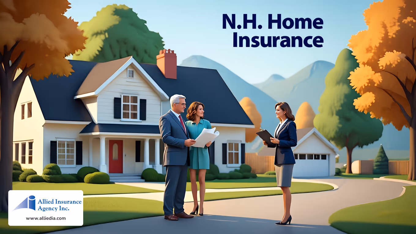 modern residential street in New Hampshire serves as the backdrop for an insurance advertisement illustration- best concord nh home insurance concept