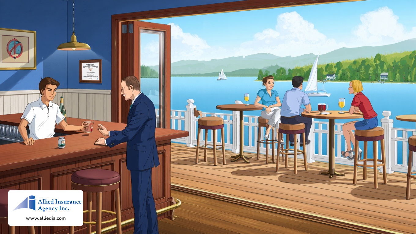illustration of a New Hampshire lakeside bar and grill shows a young bartender in white polo shirt discussing insurance coverage - best nh restaurant insurance coverage policies concept