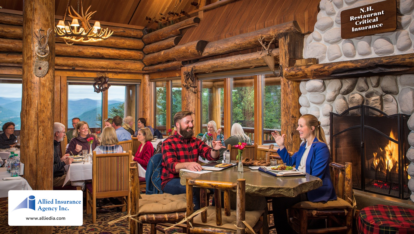 illustration depicts a New Hampshire mountain lodge restaurant where a bearded restaurant manager in flannel shirt - best nh restaurant insurance coverage policies concept