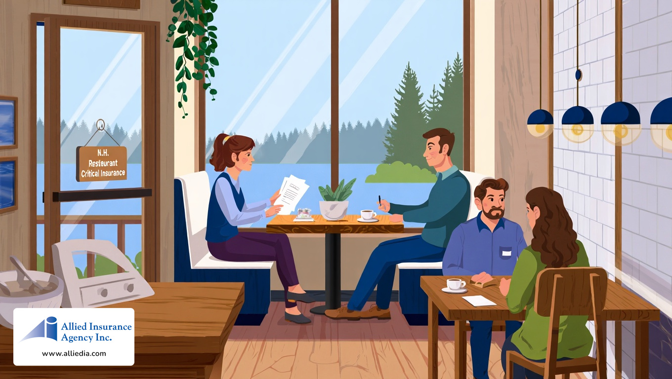 illustration of a cozy New Hampshire cafe shows a female restaurant owner in casual business attire reviewing insurance - best nh restaurant insurance coverage policies concept