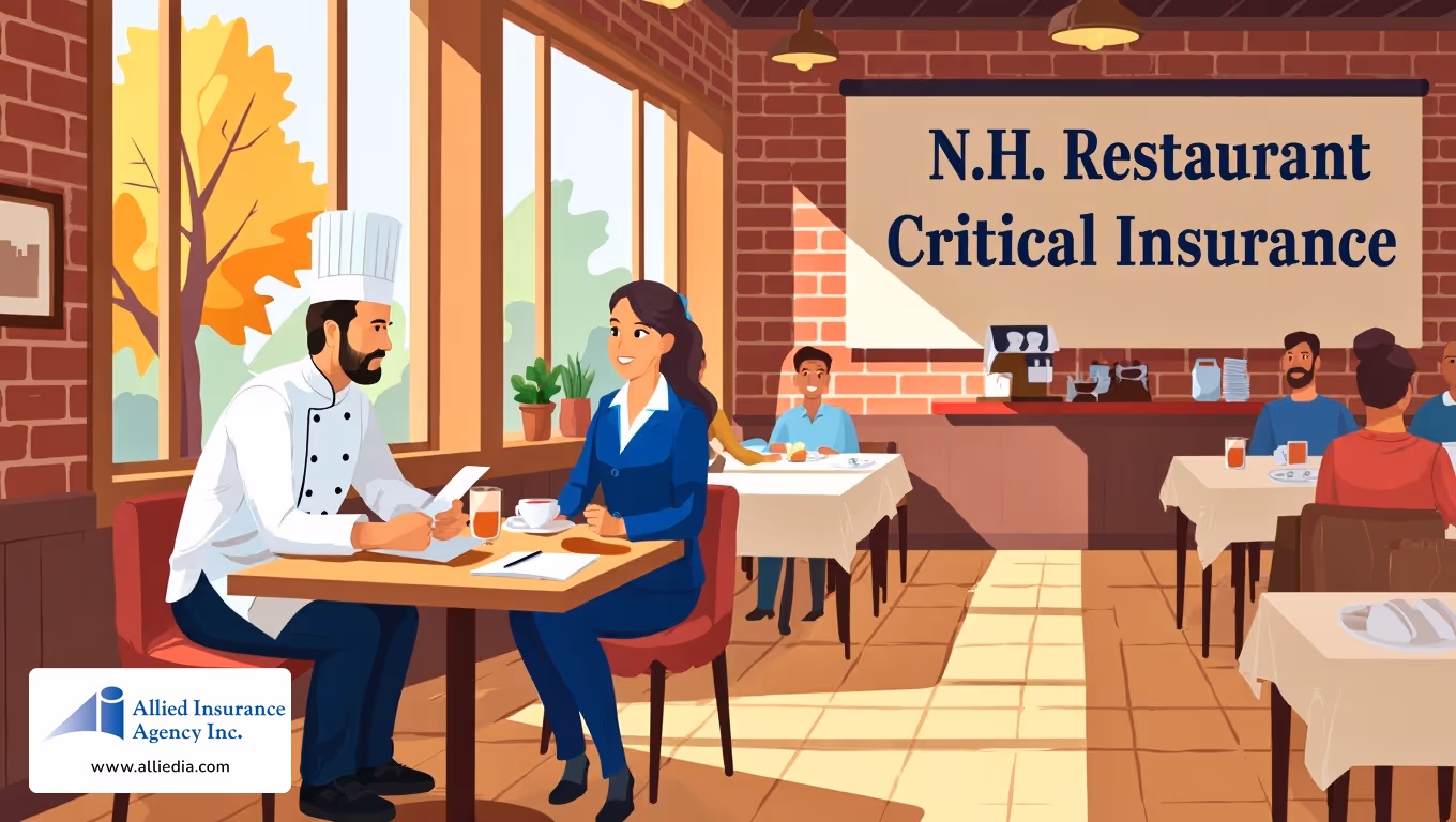 illustration of a bustling New Hampshire restaurant interior shows a professional chef in white uniform consulting -  best nh restaurant insurance coverage policies concept