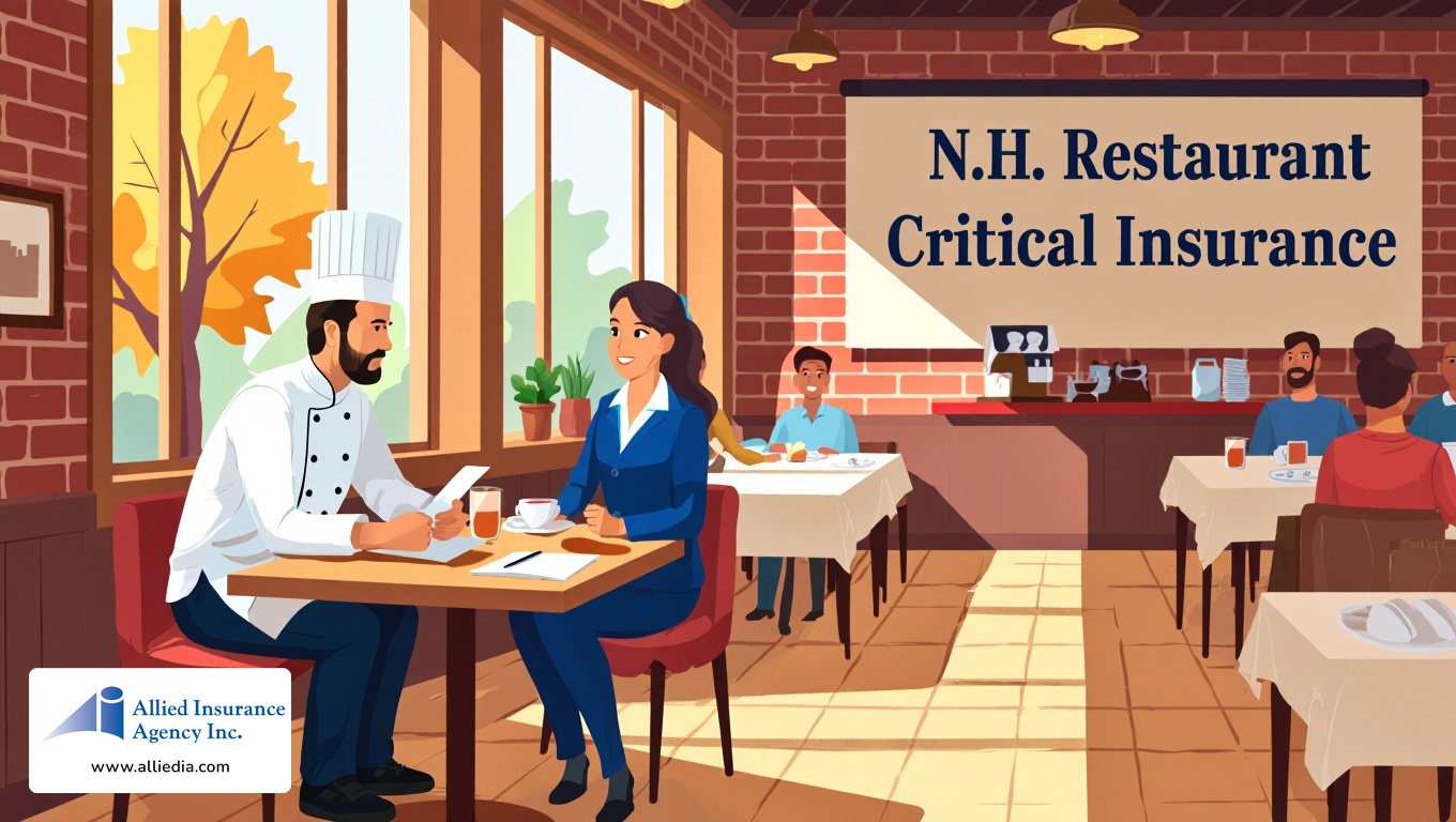 illustration of a bustling New Hampshire restaurant interior shows a professional chef in white uniform consulting - best nh restaurant insurance coverage policies concept