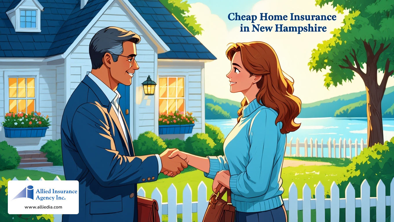 illustration of a professional insurance agent in a navy blue blazer and white shirt shaking hands with a homeowner - best nh home insurance concept