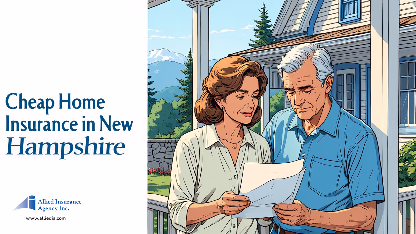 illustration showing a middle-aged couple reviewing documents on their front porch of a traditional New Hampshire farmhouse - best nh home insurance concept