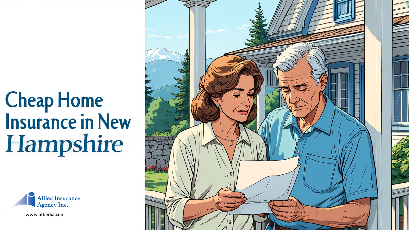illustration showing a middle-aged couple reviewing documents on their front porch of a traditional New Hampshire farmhouse - best nh home insurance concept