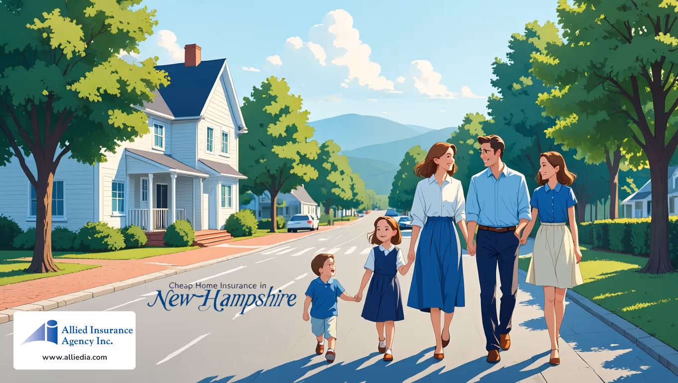 illustration depicting a happy family of four walking along a tree-lined street in a quintessential New Hampshire town - best nh home insurance concept