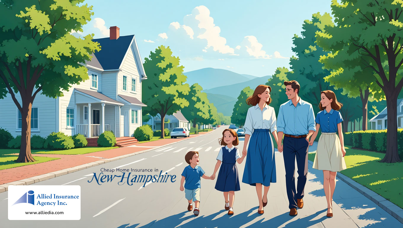 illustration depicting a happy family of four walking along a tree-lined street in a quintessential New Hampshire town - best nh home insurance concept