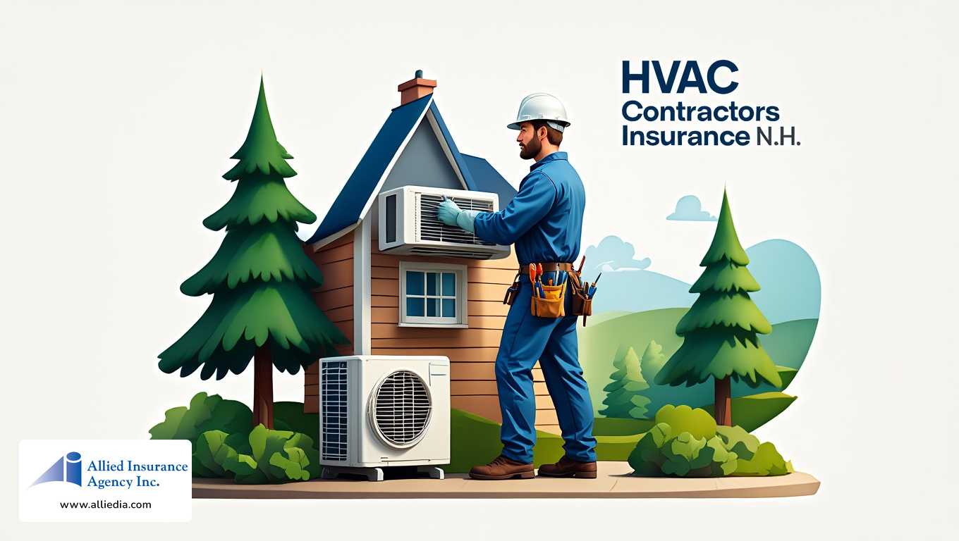illustration of a modern HVAC technician wearing blue coveralls, protective gloves, and a hard hat while installing a white air conditioning unit - best nh hvac contractors insurance concept