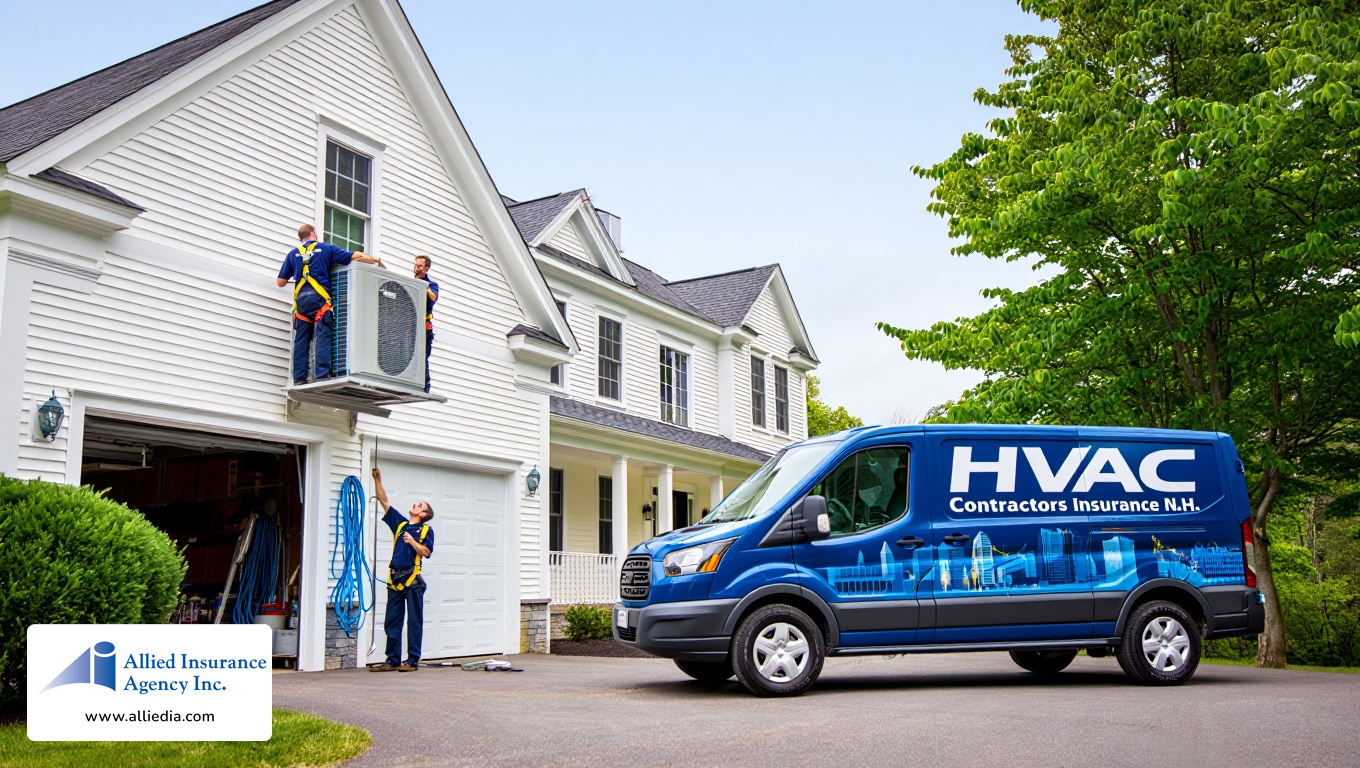 photograph of two HVAC technicians in navy blue uniforms installing a large air conditioning unit on the exterior of a two-story colonial-style house - best nh hvac contractors insurance concept