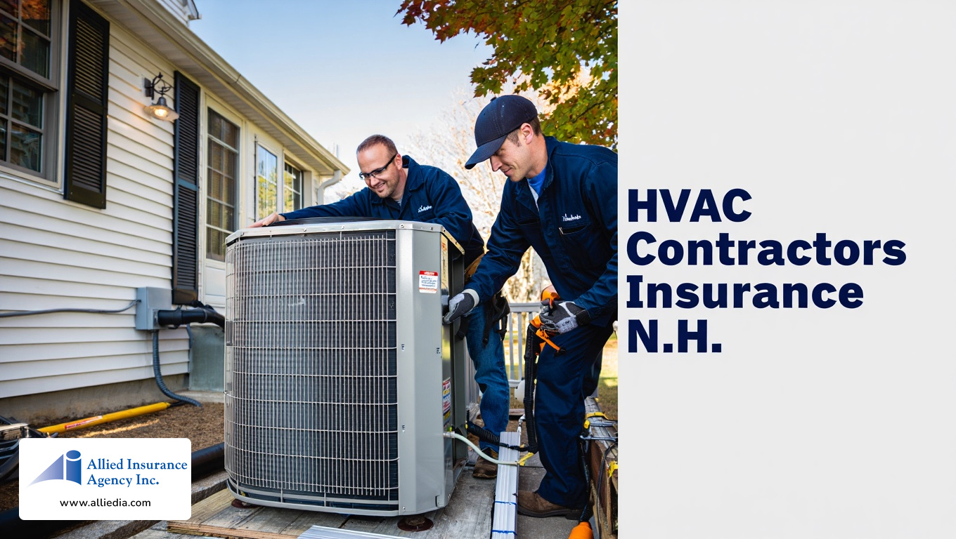 image showing two HVAC technicians in navy blue uniforms installing a large silver air conditioning unit on the exterior of a traditional New Hampshire home - best nh hvac contractors insurance concept