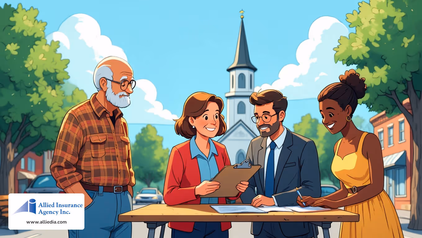 Group of people smiling and reviewing paperwork outdoors near a church.