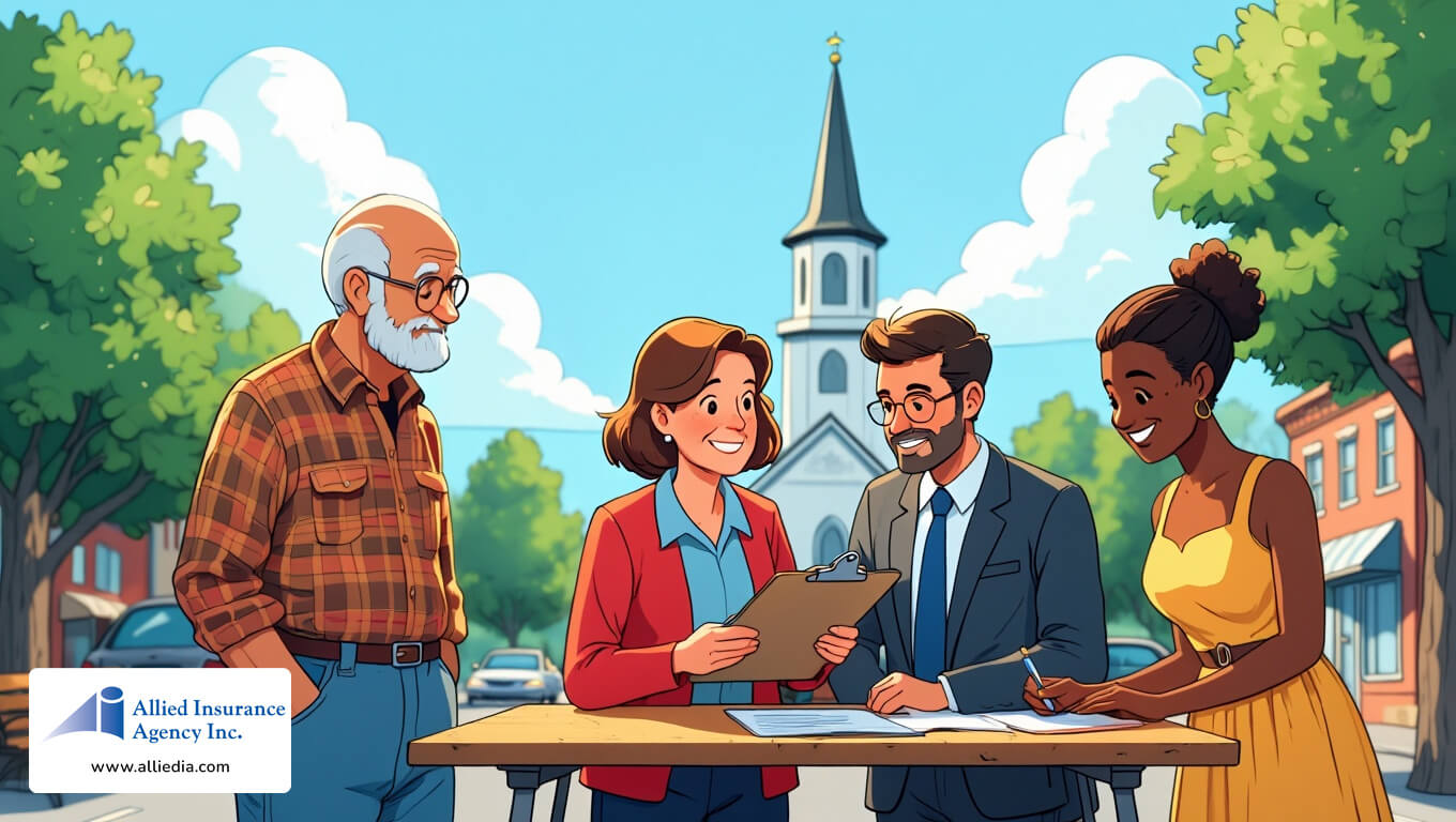 Group of people smiling and reviewing paperwork outdoors near a church.