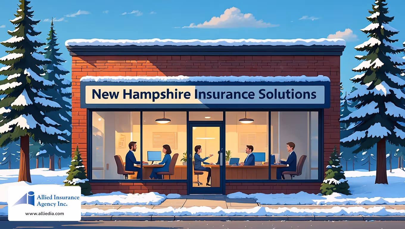 Office building in winter with a sign reading “New Hampshire Insurance Solutions"