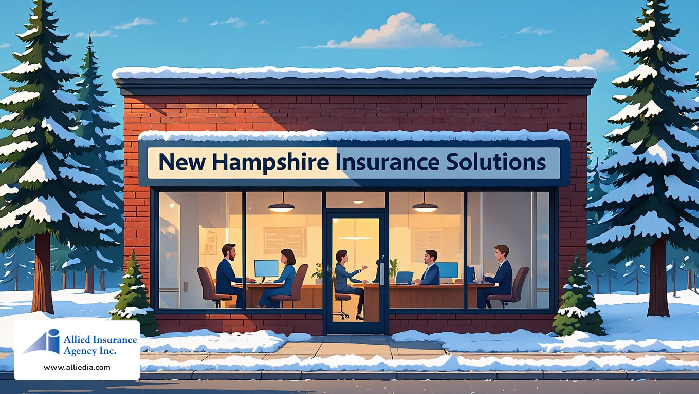Office building in winter with a sign reading “New Hampshire Insurance Solutions"