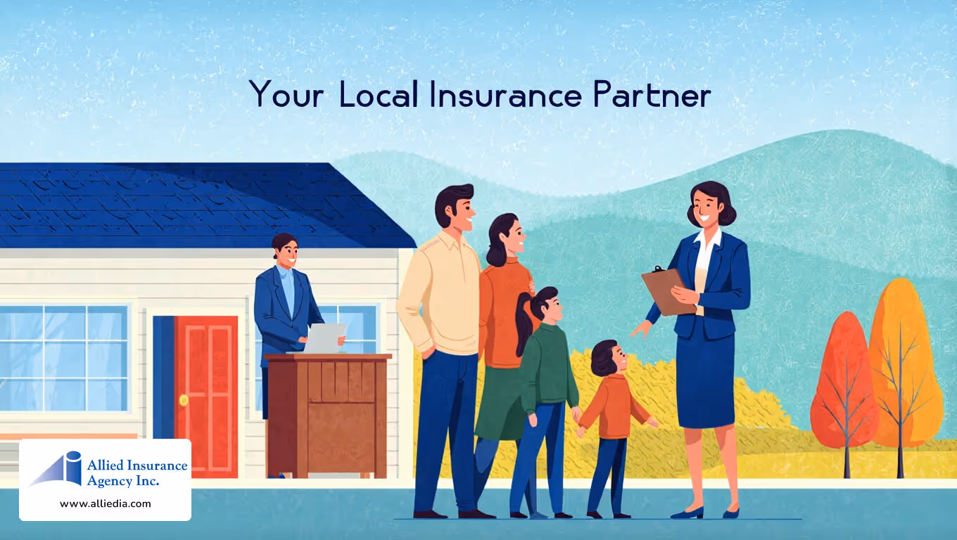 Smiling insurance agent talking with a family outside a house with mountains in the background.