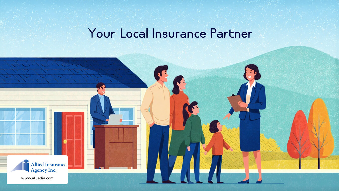 Smiling insurance agent talking with a family outside a house with mountains in the background.