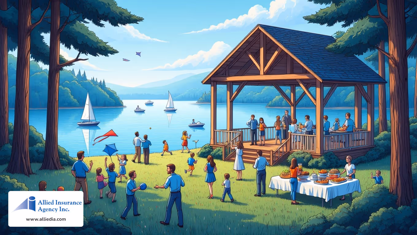 Community gathering by a lakeside pavilion with people flying kites and sailing boats.