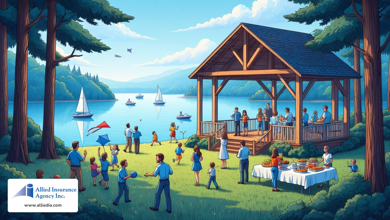 Community gathering by a lakeside pavilion with people flying kites and sailing boats.