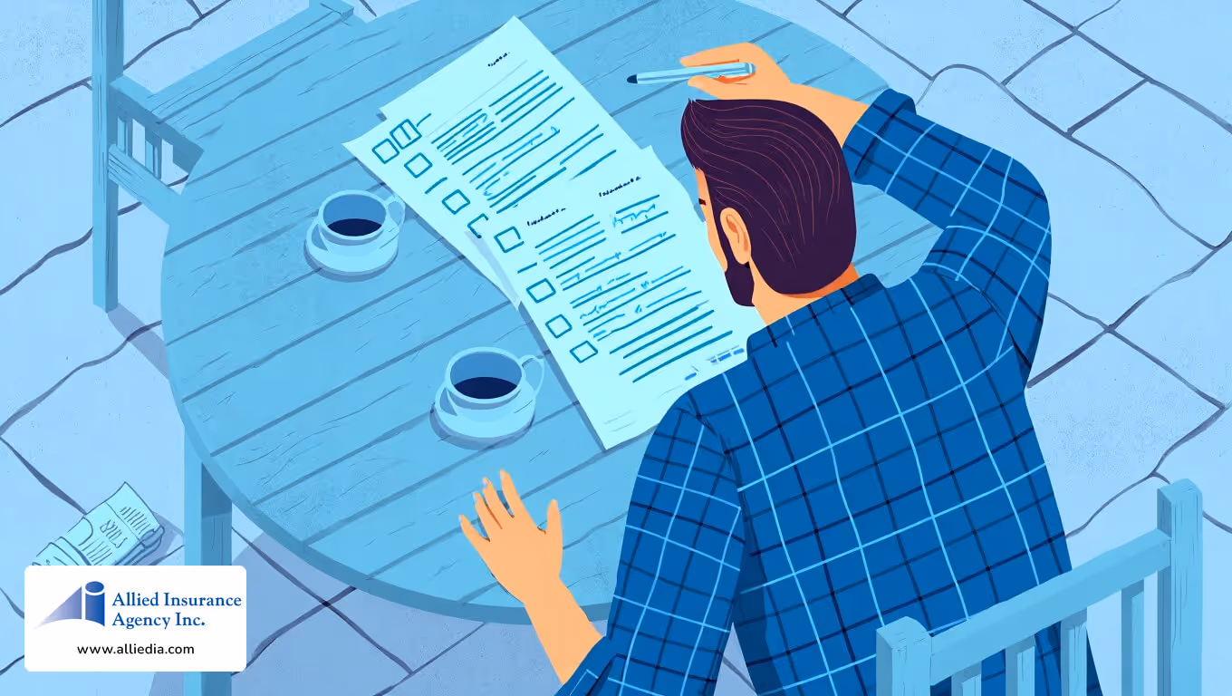 Man sitting at a table studying a long checklist with coffee cups nearby