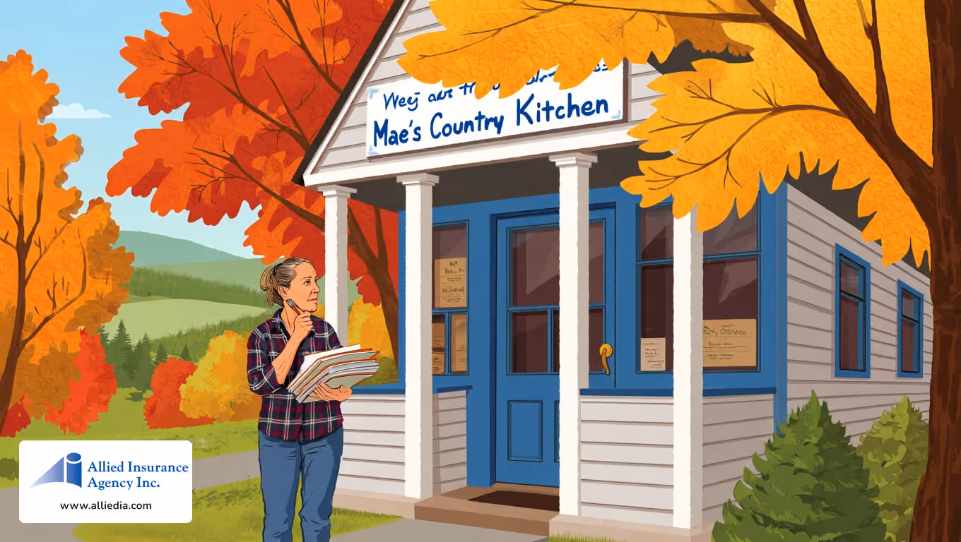 Woman holding papers outside Mae’s Country Kitchen in an autumn setting.