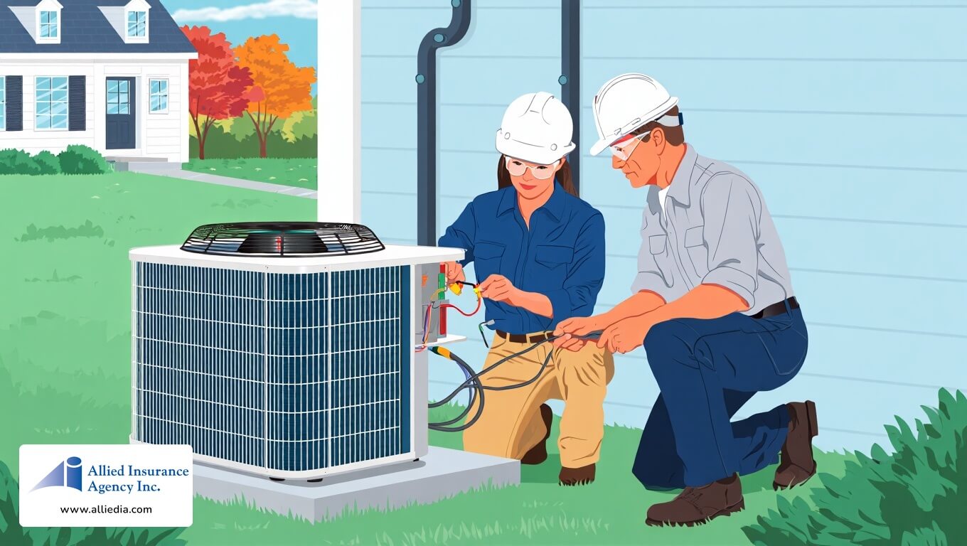 Two HVAC technicians in hard hats repairing an outdoor air conditioning unit next to a house