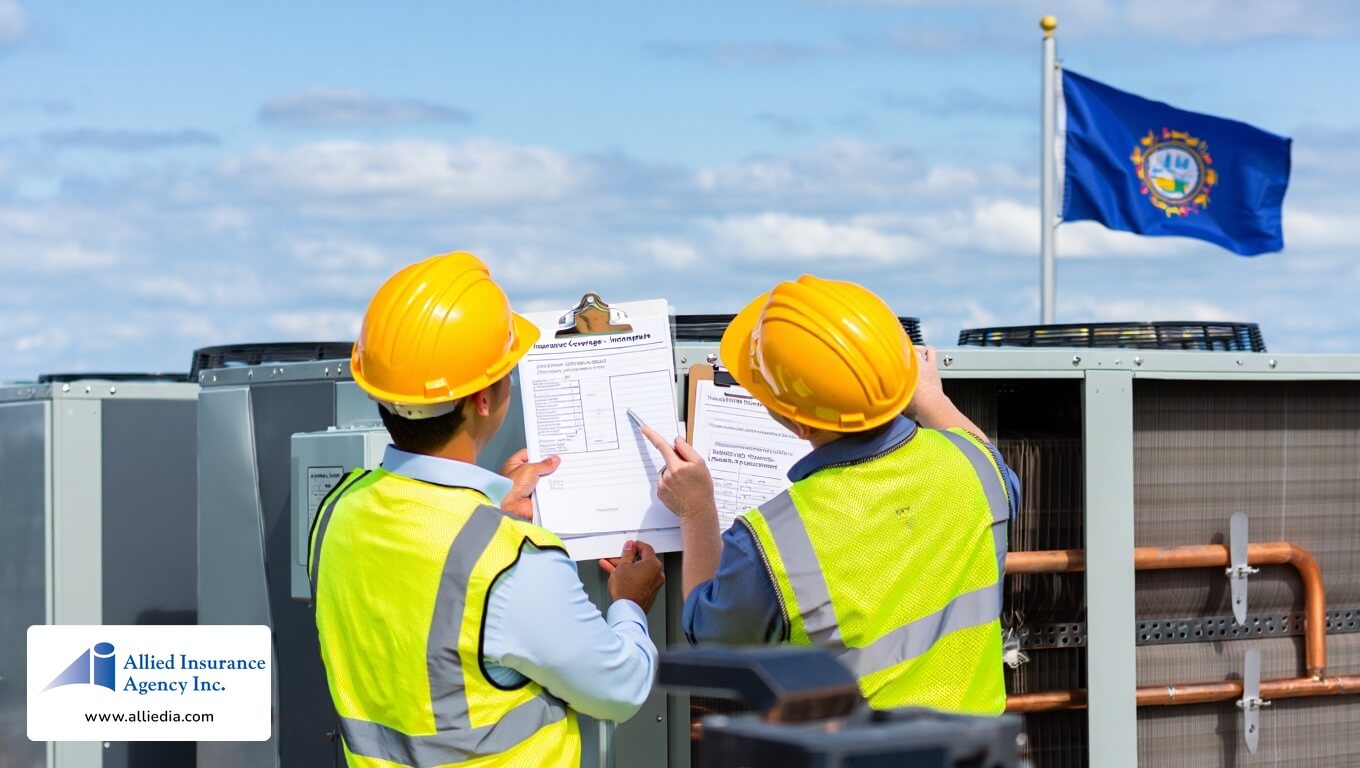 Workers in safety vests and helmets reviewing checklists on a rooftop HVAC system with a state flag in the background.