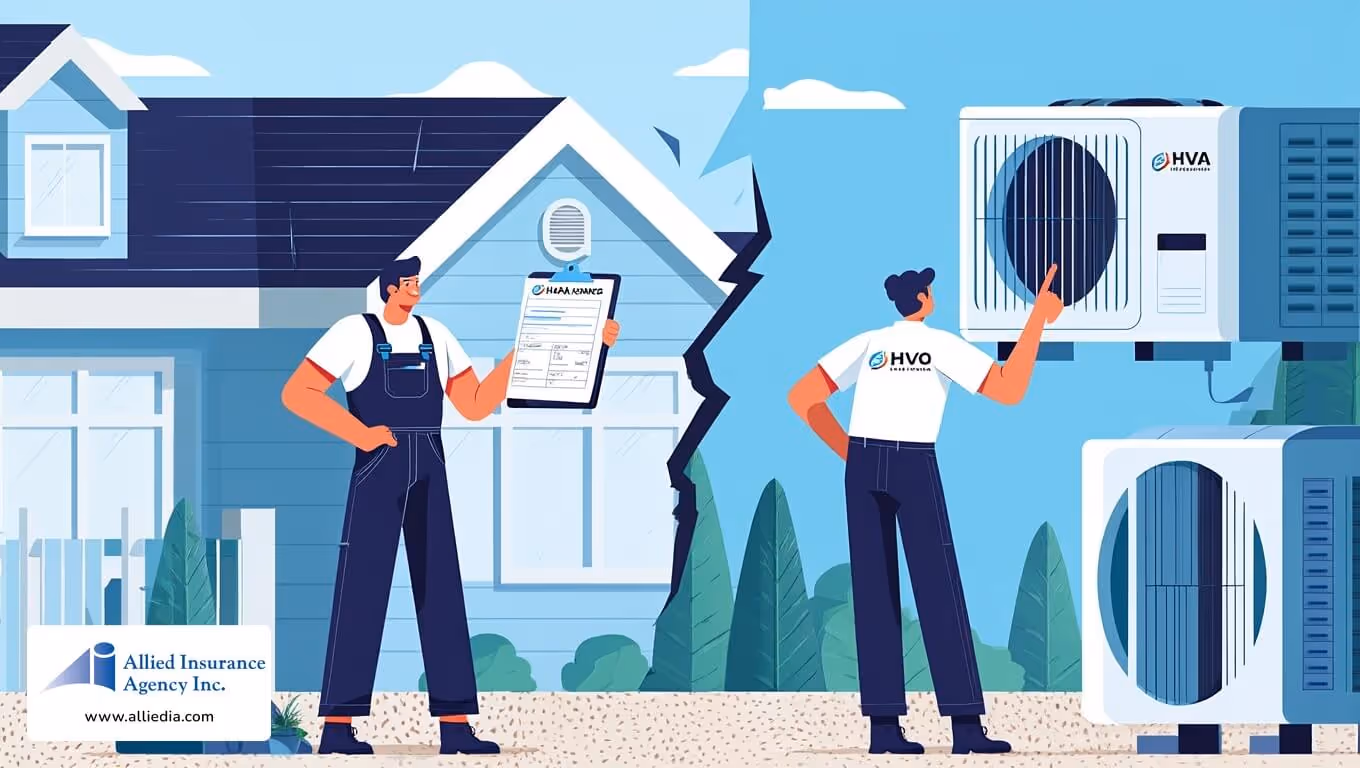 Technicians inspecting and holding documents in front of residential HVAC units outside a home.