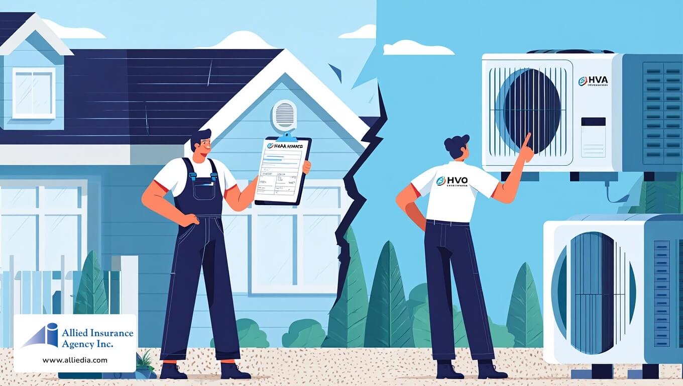 Technicians inspecting and holding documents in front of residential HVAC units outside a home.