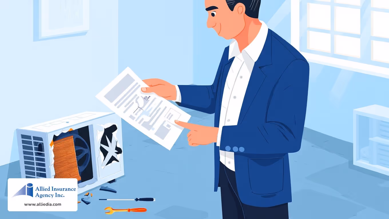 Man in business attire reviewing paperwork beside a damaged indoor air conditioning unit with tools on the floor.