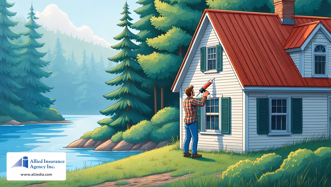 Man fixing cabin window by lake
