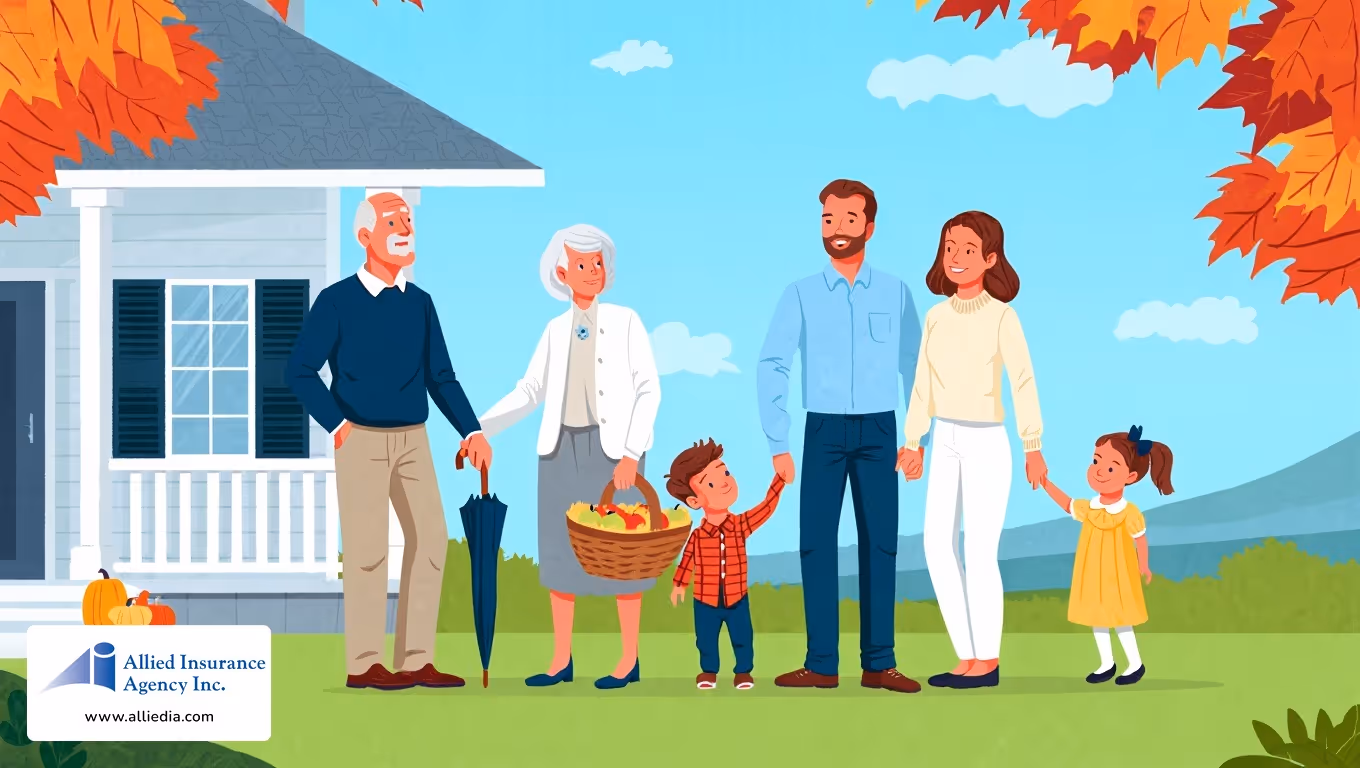 Family outside house in autumn