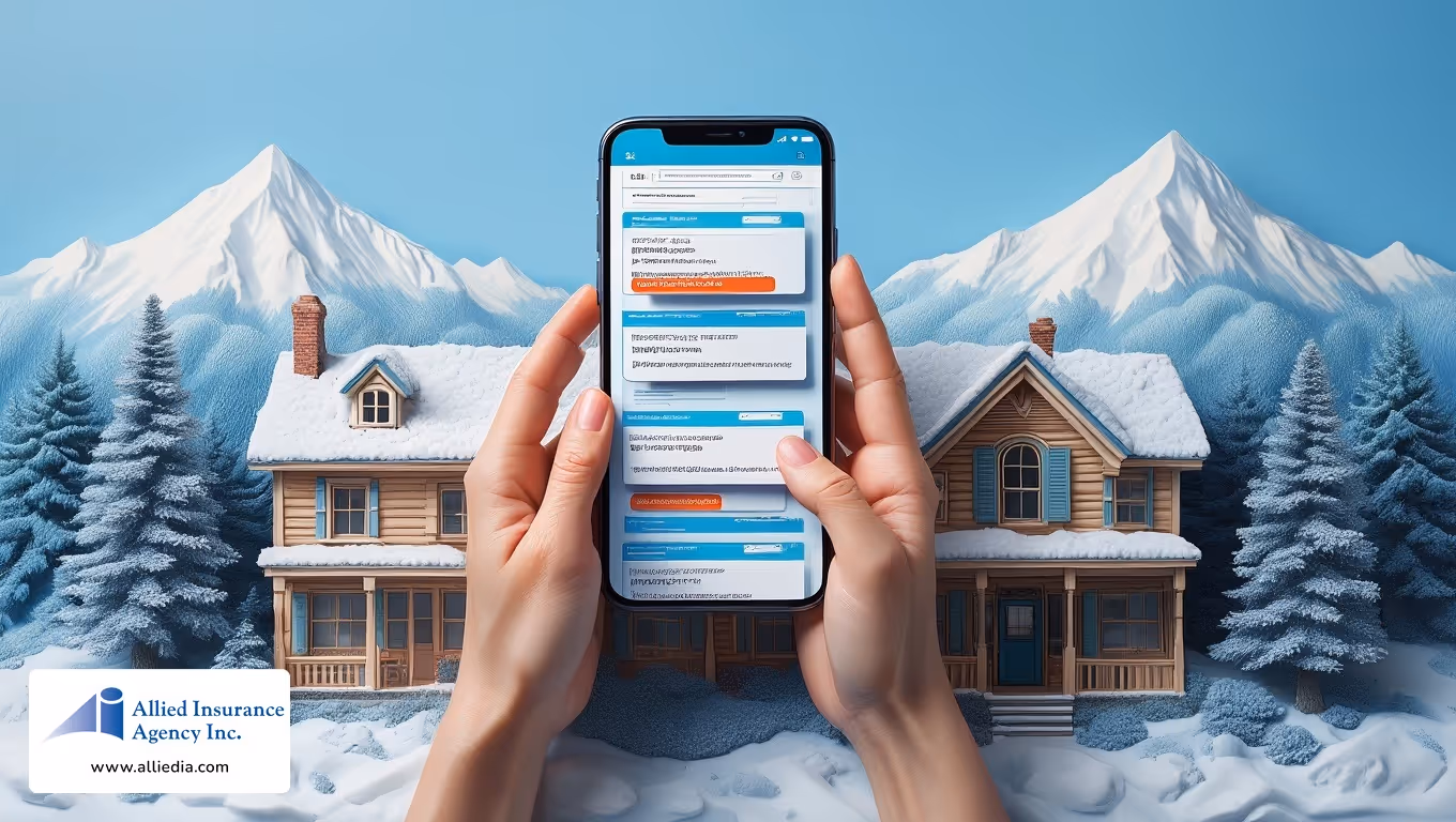 Hands holding phone with insurance chat in snowy mountains