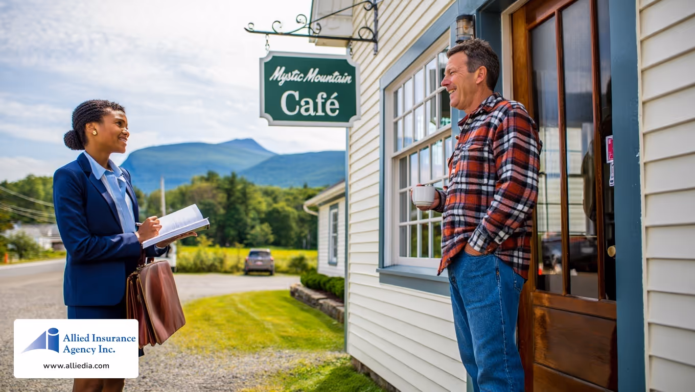 Insurance agent talking with café owner outside shop