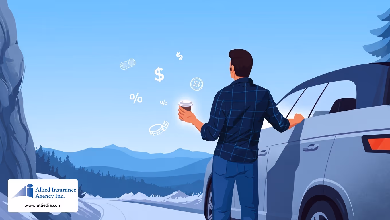 Man standing by car with icons over winter mountains