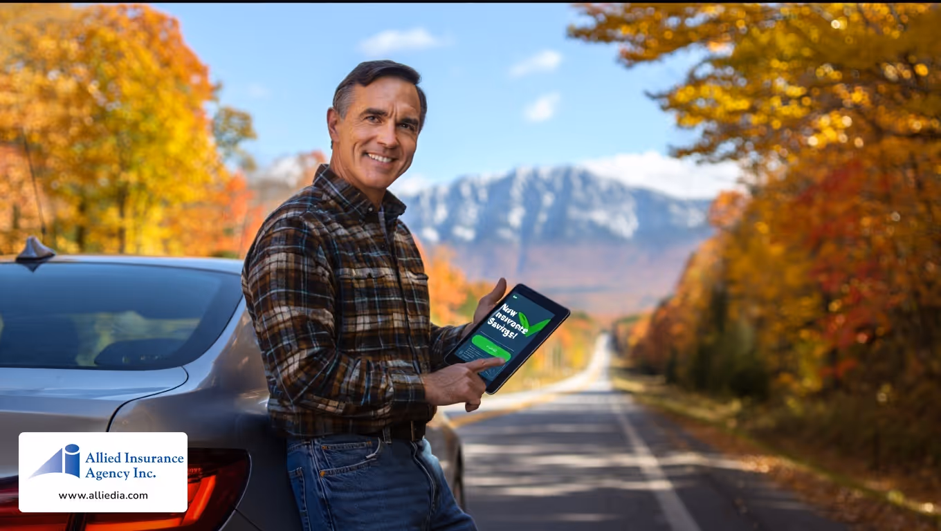 Man using tablet beside car in autumn mountains
