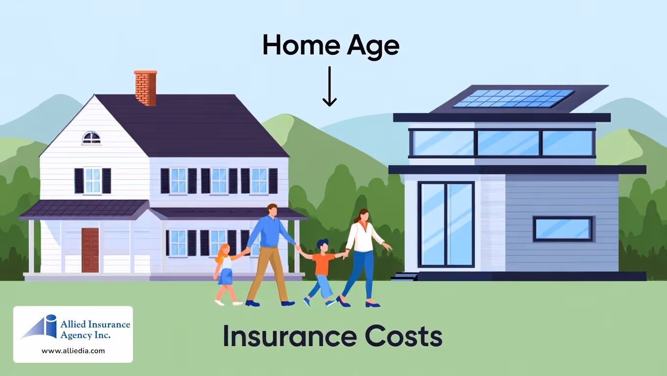 Illustration comparing insurance costs between an older traditional house and a modern home with solar panels.