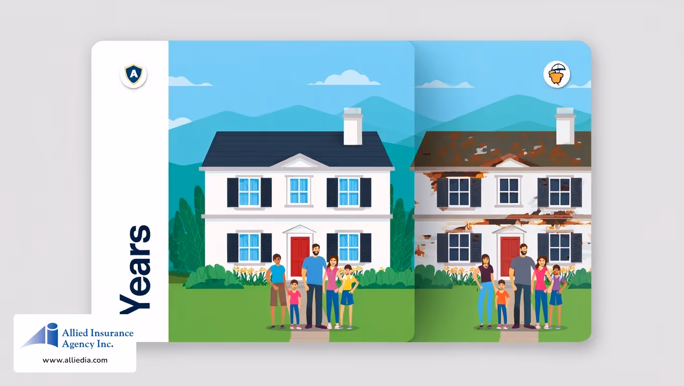 Side-by-side illustration comparing a well-maintained house and a deteriorated house with a family in front.